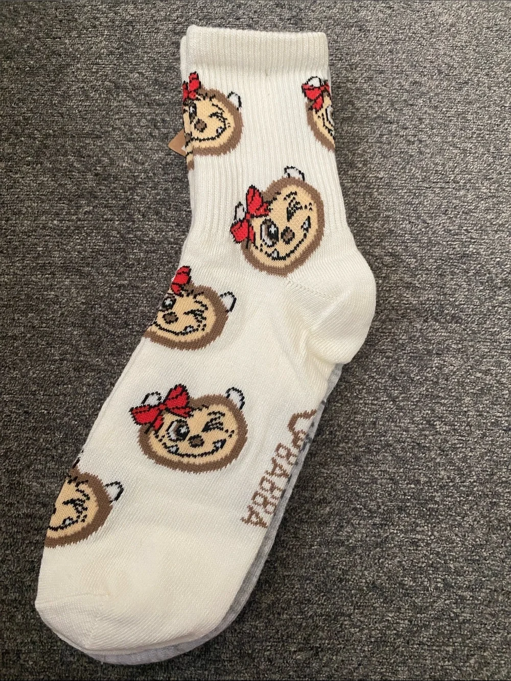 Women's Gray Crew Socks with Red Character Accent